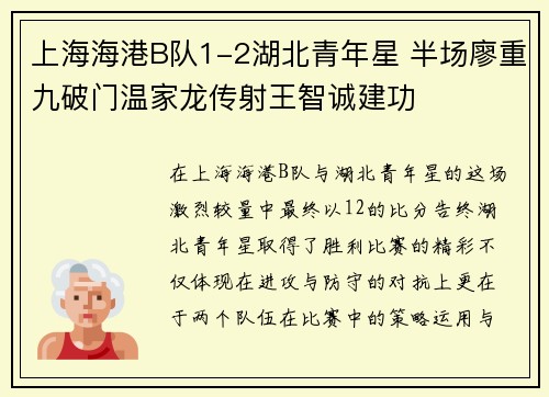 上海海港B队1-2湖北青年星 半场廖重九破门温家龙传射王智诚建功