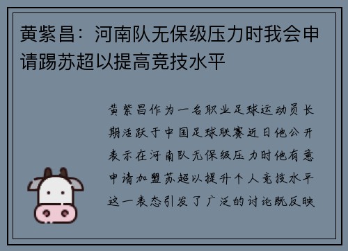 黄紫昌：河南队无保级压力时我会申请踢苏超以提高竞技水平