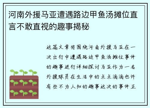 河南外援马亚遭遇路边甲鱼汤摊位直言不敢直视的趣事揭秘