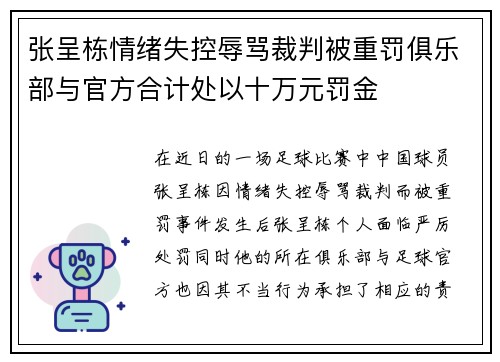 张呈栋情绪失控辱骂裁判被重罚俱乐部与官方合计处以十万元罚金